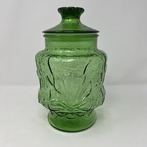 9" Anchor Hocking Green Rain Flower Glass Canister
